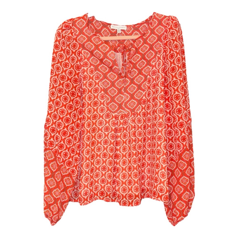 Maison d’ Amelie Orange/White/Blue Long Sleeve Tie Front Blouse Size M AR15